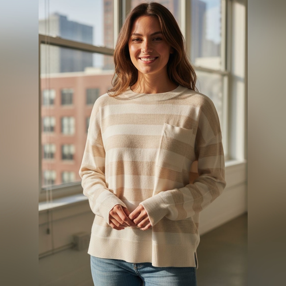 🍂 Loft Soft Striped Beige & Cream Women's Top Size Small Oversized Fall Autumn